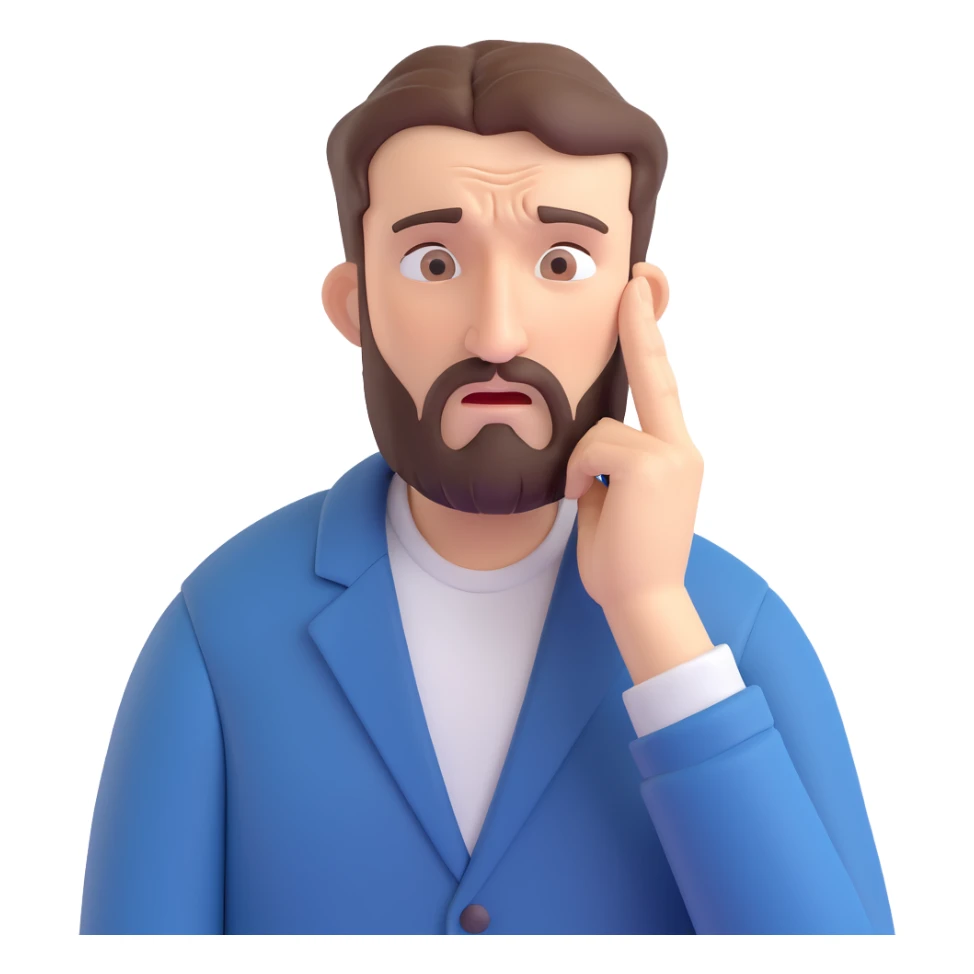 frustrated bearded man rubbing his temples with both index fingers, tense expression sticker