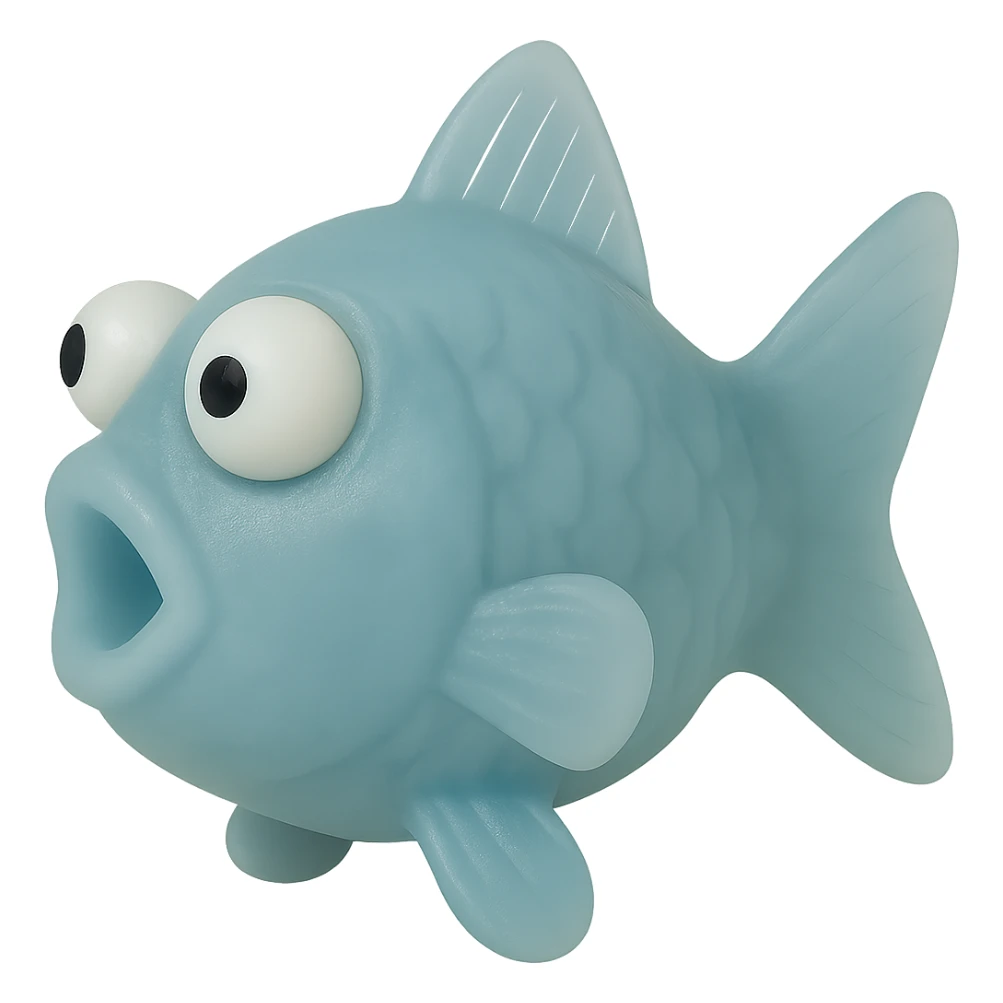 Rotate the fish so it is facing directly to the side (90 degrees from the camera). Remove the tag. Keep the body see-through, semi-transparent blue plastic with eyes derpy and going in opposite directions. No background. Render in a hyper-detailed, soft plastic 90's toy look with soft reflections, soft and squishy texture, some cloudiness, not shiny, highly detailed and appealing. sticker