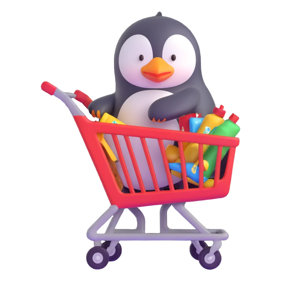 cute baby penguin pushing a shopping cart sticker