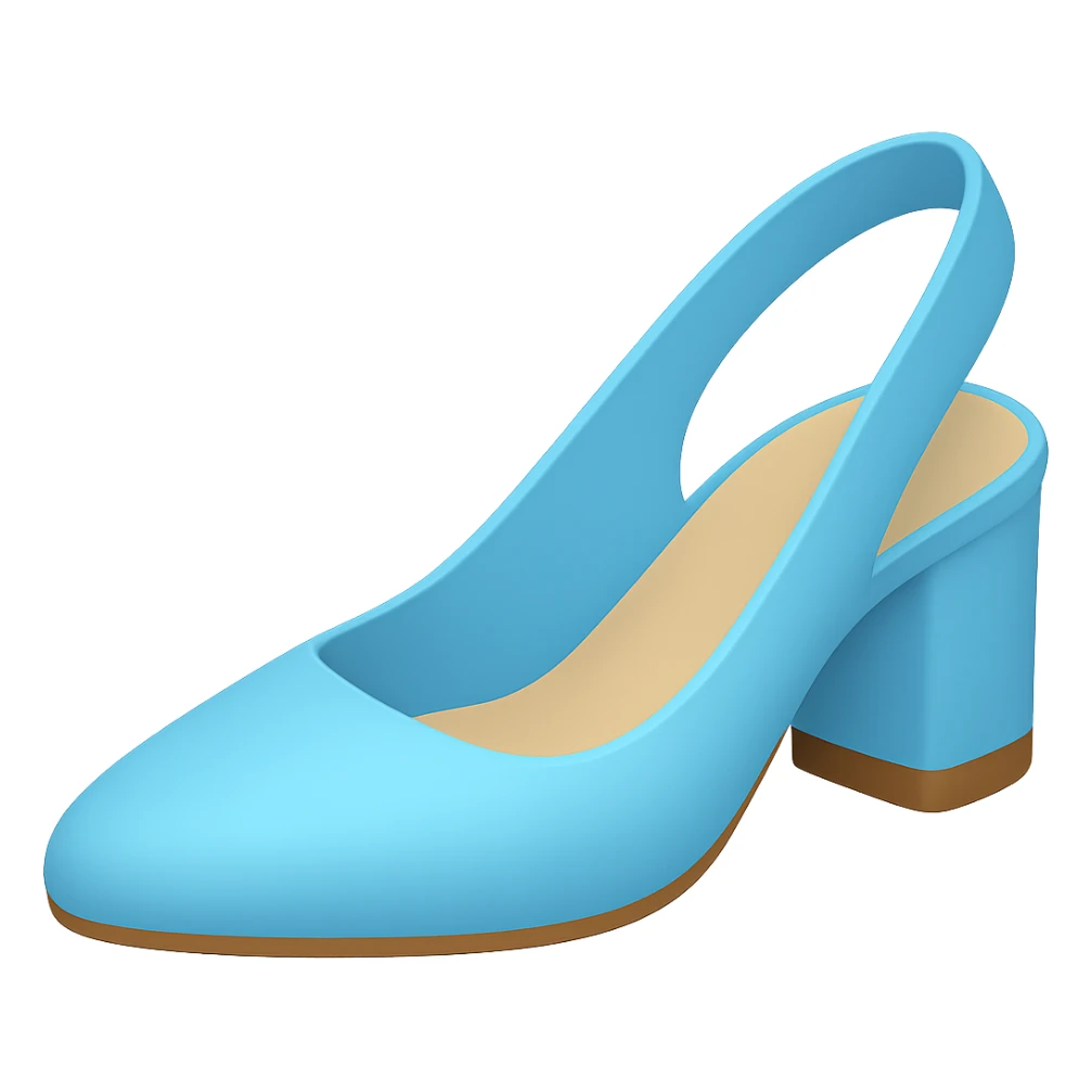 Slingback women's shoe with very thick heel in a lighter blue color, styled as an Apple emoji, with transparent background. sticker