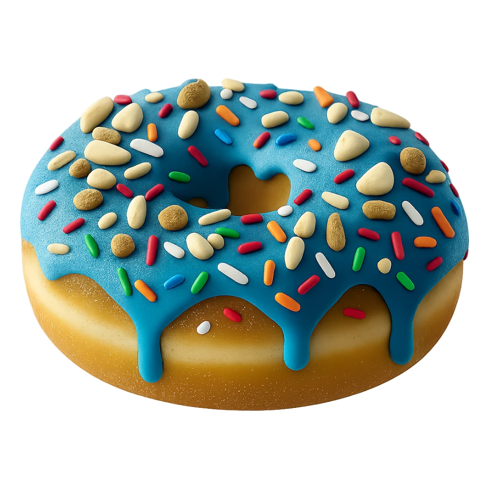 Add colorful rainbow sprinkles to the blue glazed donut, keep it realistic with soft lighting, transparent background. Maintain a photorealistic style with soft lighting and natural textures. sticker