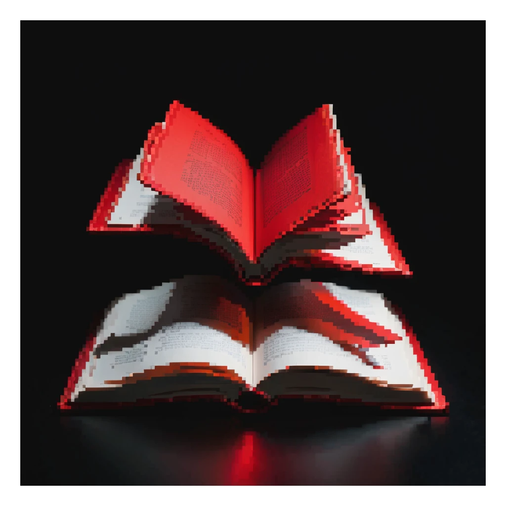 pixel art floating red book with pages turning, dark background, more dramatic lighting sticker