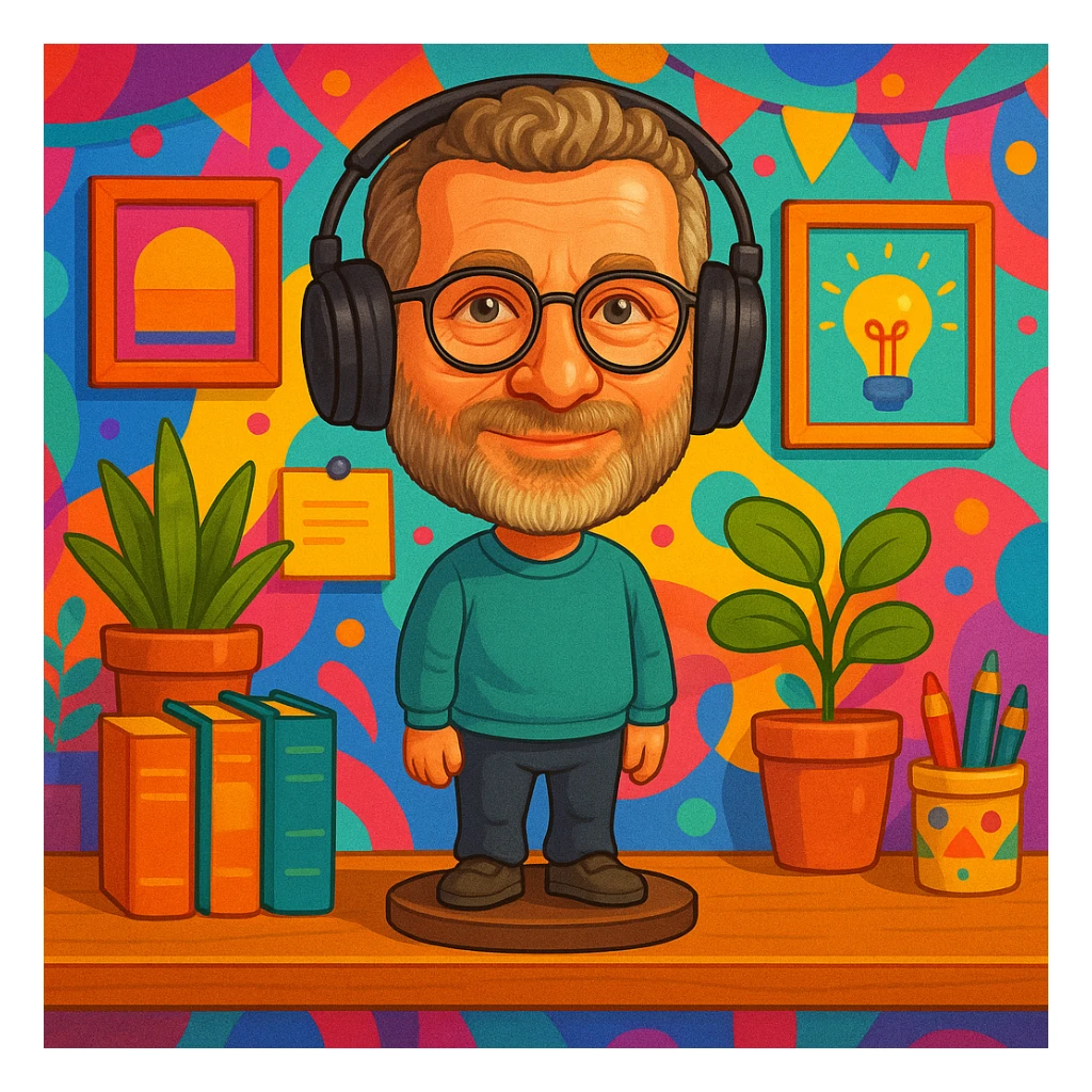 Make the design office background much more colorful and vibrant, with creative decor, bright accents, and playful details. Keep the person in bobblehead style as the main focus. sticker