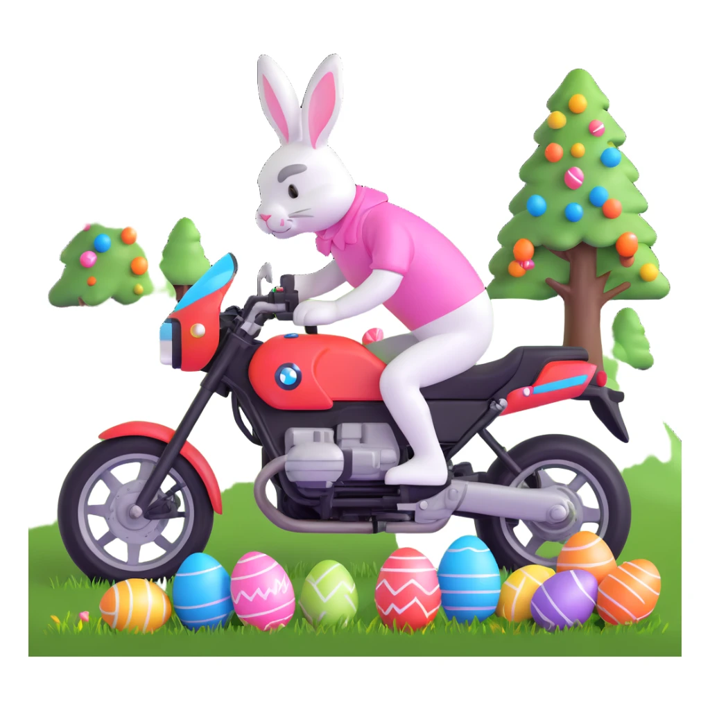 Easter bunny riding a BMW boxer motorcycle with trees and grass in the background, colorful Easter eggs hidden in the grass, and more bunnies watching from the side of the road sticker