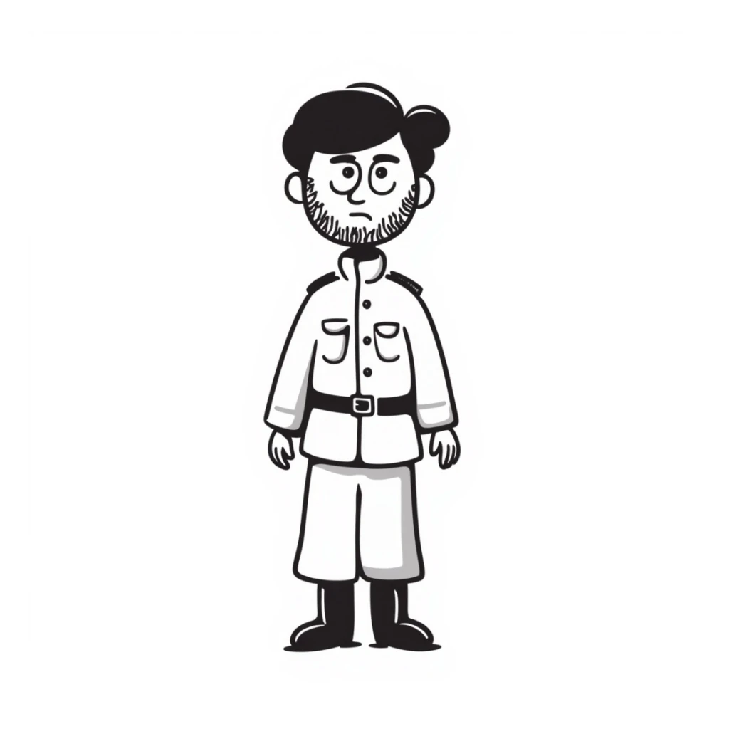 A white man with stubble in a soldier's uniform and a sad face sticker