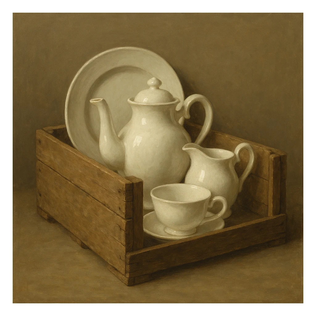 Сгенерируй мне деревянный ящик с фарфоровой посудой в стиле реалистичной живописи, на однородном фоне sticker