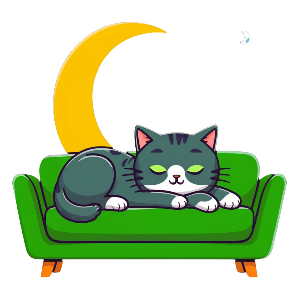 tricolor fluffy cat with big green eyes sleeping on a sofa with a moon above her sticker