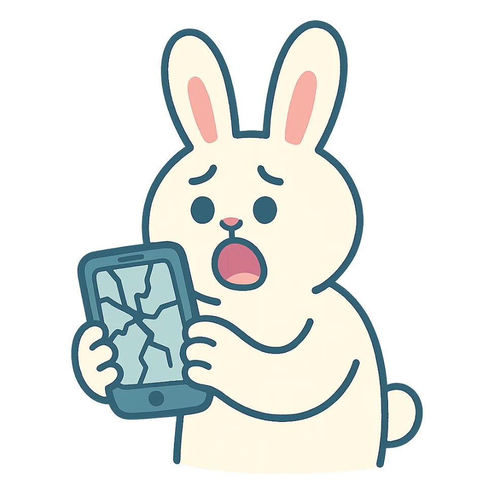 white bunny holding cracked phone with shocked face, pastel-toon style sticker