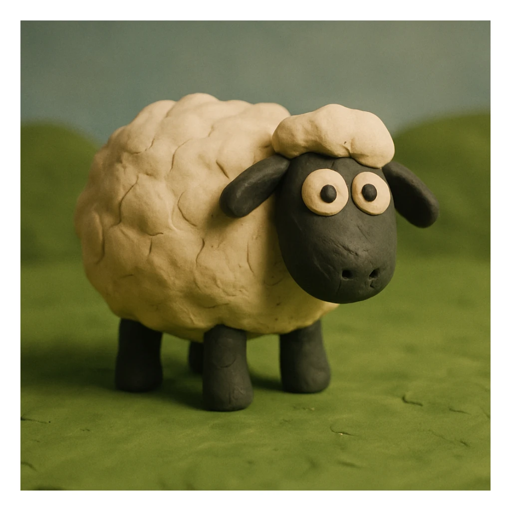 fluffy sheep standing on green grass, visible fingerprints, matte plasticine look, claymation style sticker