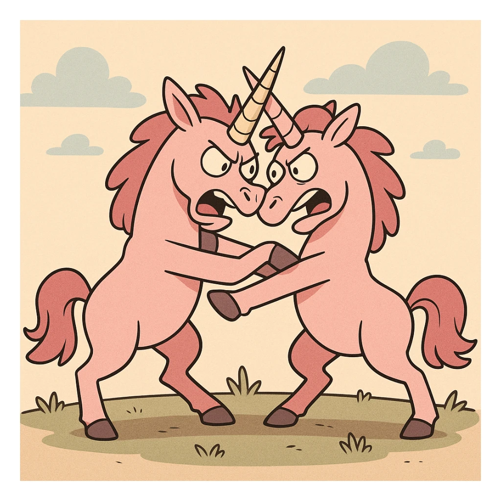two pink unicorns fighting, cartoon style, playful, bold lines sticker