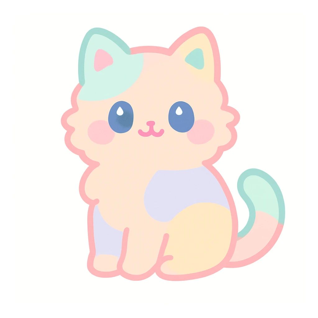 a cute cat, fluffy fur, sitting with a curled tail, soft colors sticker
