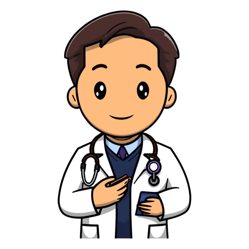 professional mature male doctor around 60 with stethoscope and white coat, dark brown hair, cinnamon skin tone, medium-dark complexion sticker