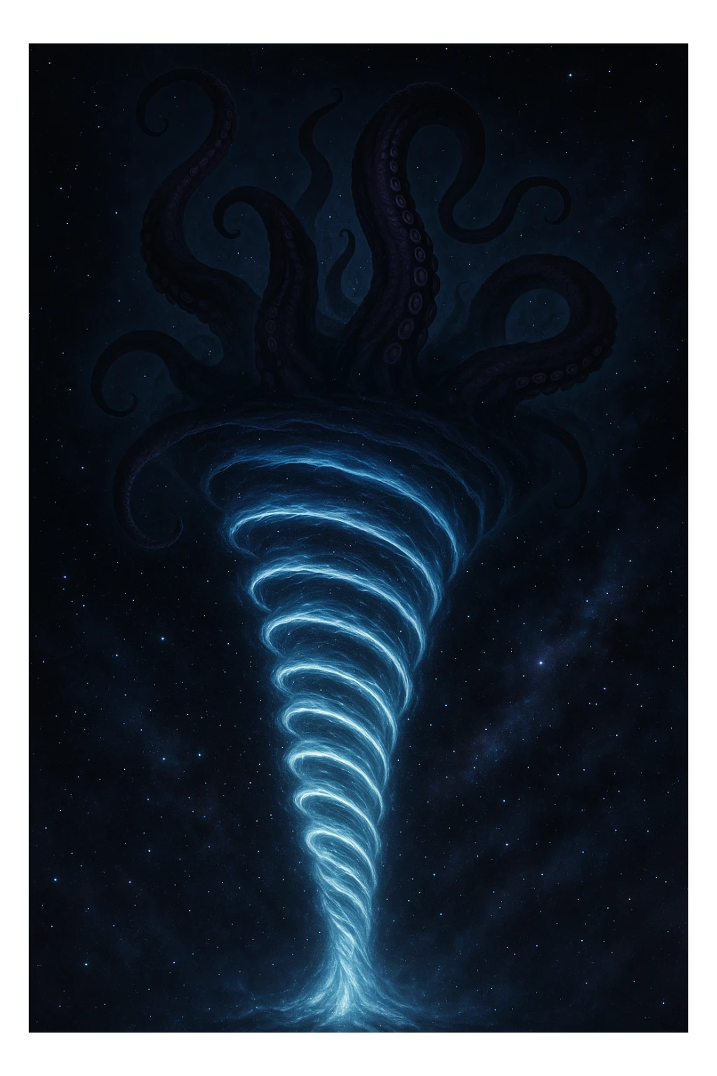 A space-time rift in the form of a tornado, with luminous spirals and monstrous tentacles of an eldritch god emerging from the upper opening, mysterious and ominous, starry background sticker
