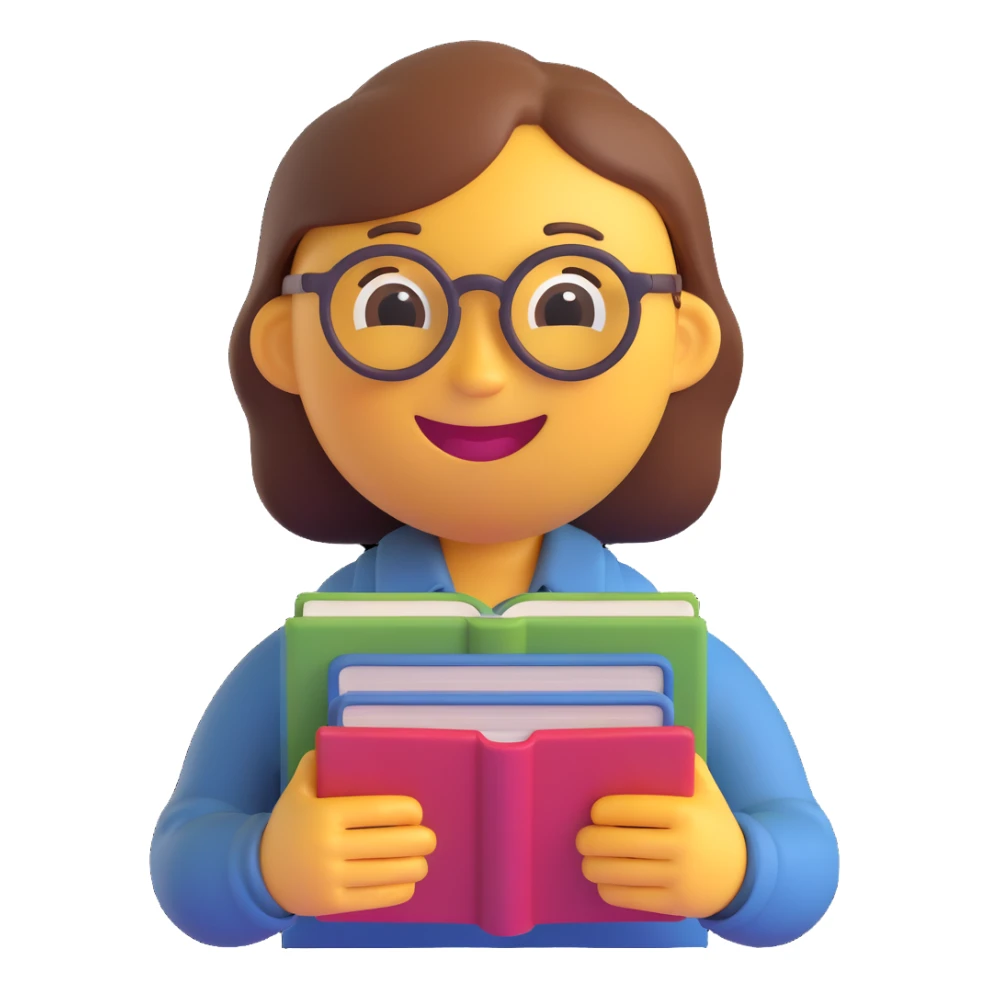 3D smiley emoji, circular shape, wearing teacher glasses, holding a book, with a funny and kind facial expression, transparent background sticker