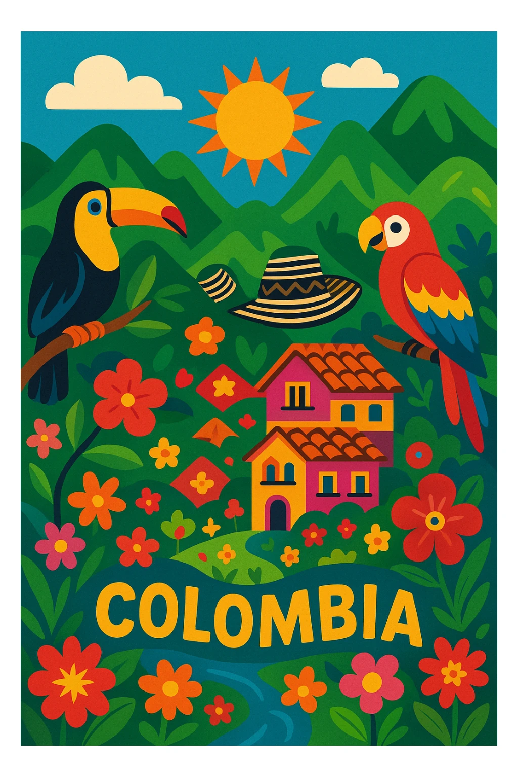 vibrant, magical scene representing Colombia with colorful landscapes, tropical birds, and folkloric elements, whimsical enchanting style sticker