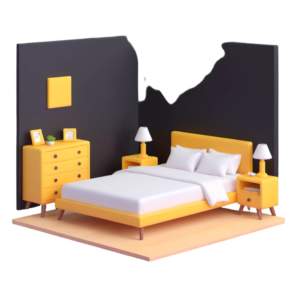simple bedroom with white walls, bed, nightstand and dresser sticker
