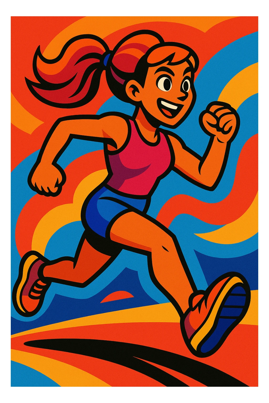 female athlete running, dynamic pose, vibrant cartoon style, energetic and colorful sticker