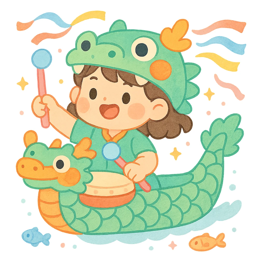 A chibi girl dressed as a dragon boat drummer, holding soft pastel drumsticks, standing in a fluffy dragon boat, colorful festival ribbons flying, sparkles and cute mini fish swimming below, soft pastel colors, watercolor texture, transparent background sticker