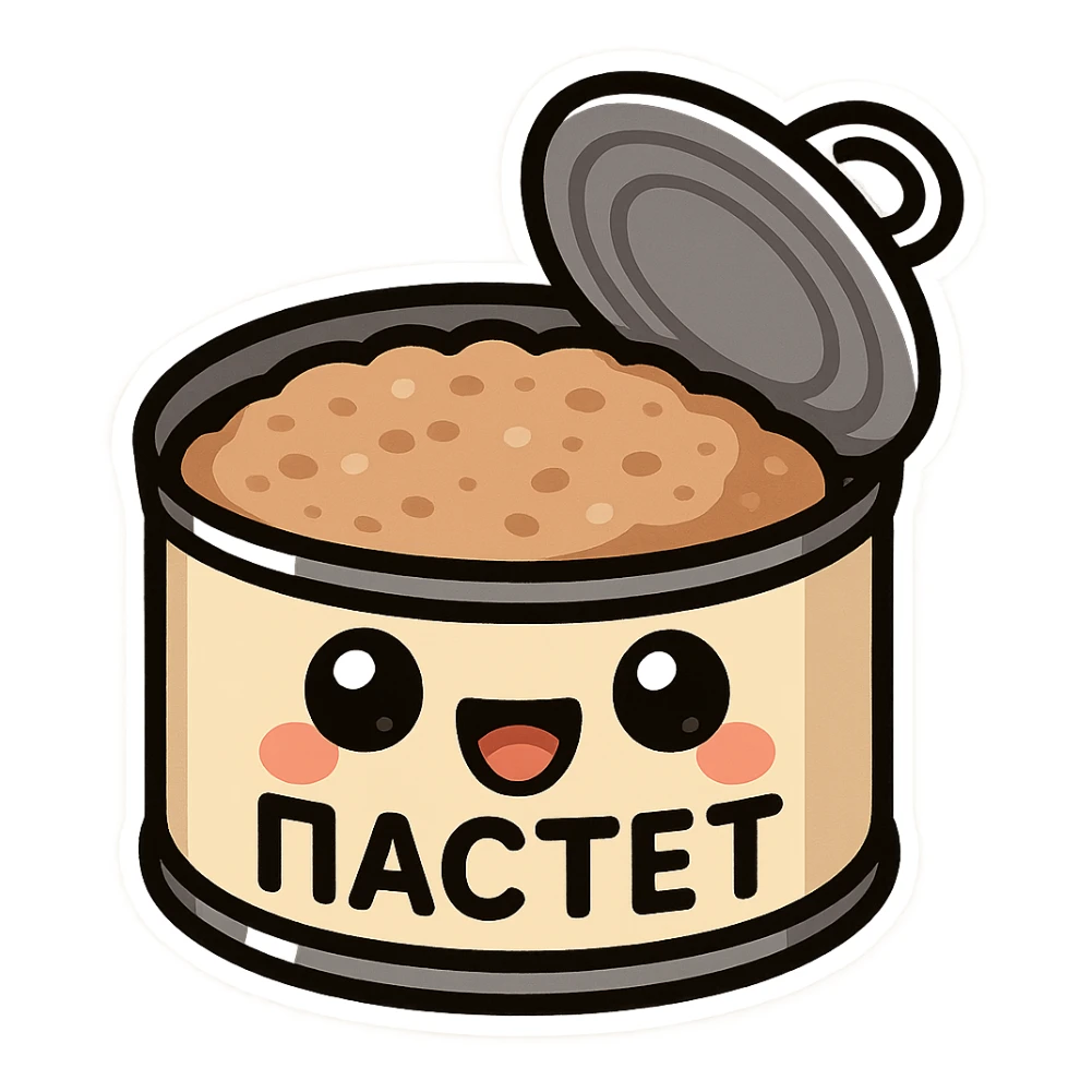 Minimal chibi open pâté can emote, visible pâté inside the can, big cute eyes, cheerful smile, thick black outline, flat colors, strong contrast, simple emoji sticker style, transparent background, Twitch emote optimized, Cyrillic text "ПАСТЕТ" clearly readable sticker