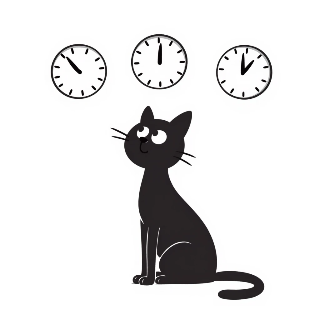 black cat waiting for salary looks at clocks sticker