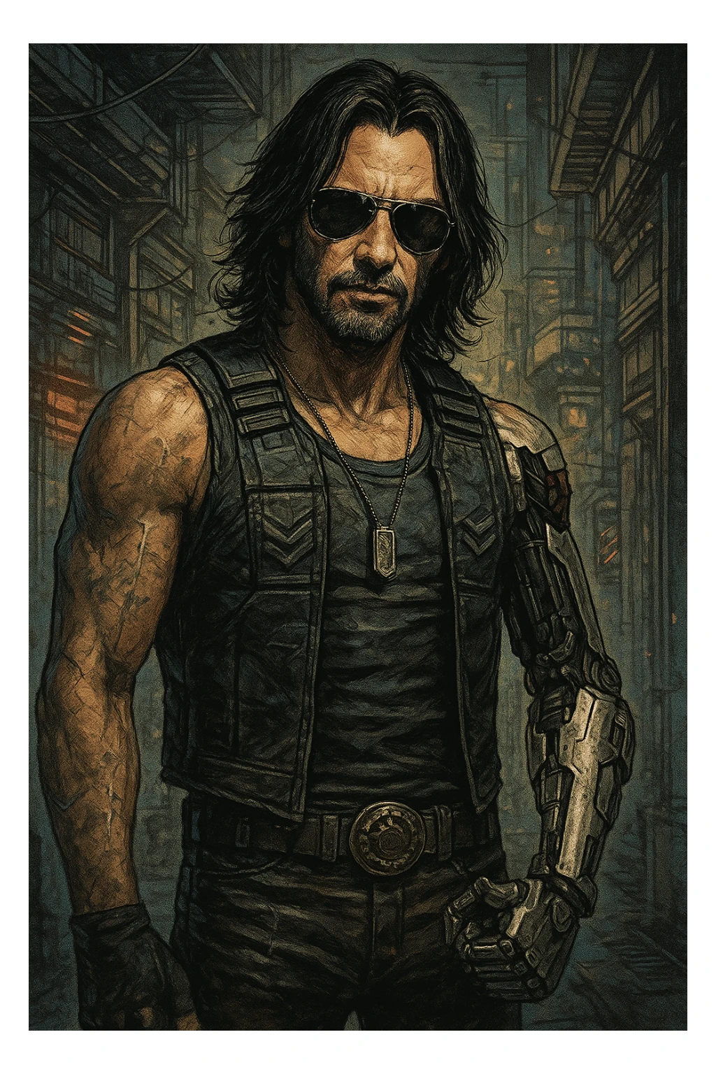 Johnny Silverhand, cyberpunk rockstar with a robotic arm, sunglasses, and a rebellious attitude, detailed illustration style sticker