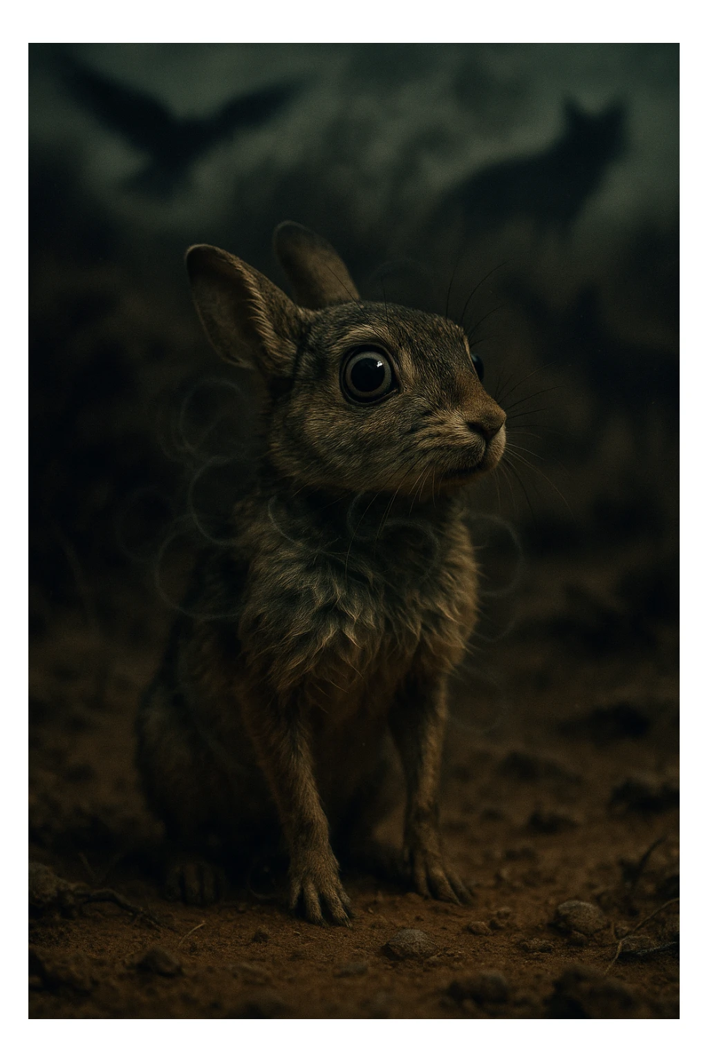 A hyperrealistic, cinematic illustration of a small wild animal, such as a rabbit or a meerkat, with wide, alert eyes and tense body posture, standing in a dry, rugged environment with predators lurking in the shadows. The animal's chest is visibly rising and falling rapidly, representing short, shallow breathing due to constant fear and vigilance. The background is dimly lit, with faint shadows of predators like hawks or foxes barely visible, symbolizing the ever-present threat. Around the animal, subtle visual representations of tension and stress appear as tight, dark rings or smoke near its chest and head, while the environment feels heavy and oppressive. The color palette is muted earth tones, with sharp focus on the animal’s tense face and rapidly moving chest, while the environment around is slightly blurred, emphasizing the feeling of isolation and perpetual fear. The style is 35mm film hyperrealistic with a storytelling, National Geographic documentary aesthetic, capturing the concept of an animal constantly living in fight-or-flight, breathing fast and shallow to survive sticker