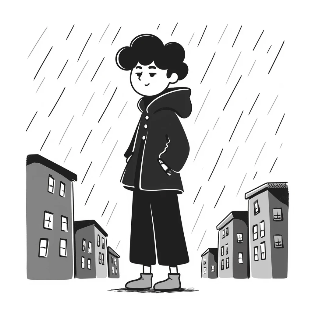 Anime boy protagonist standing in pouring rain, dramatic anime scene sticker