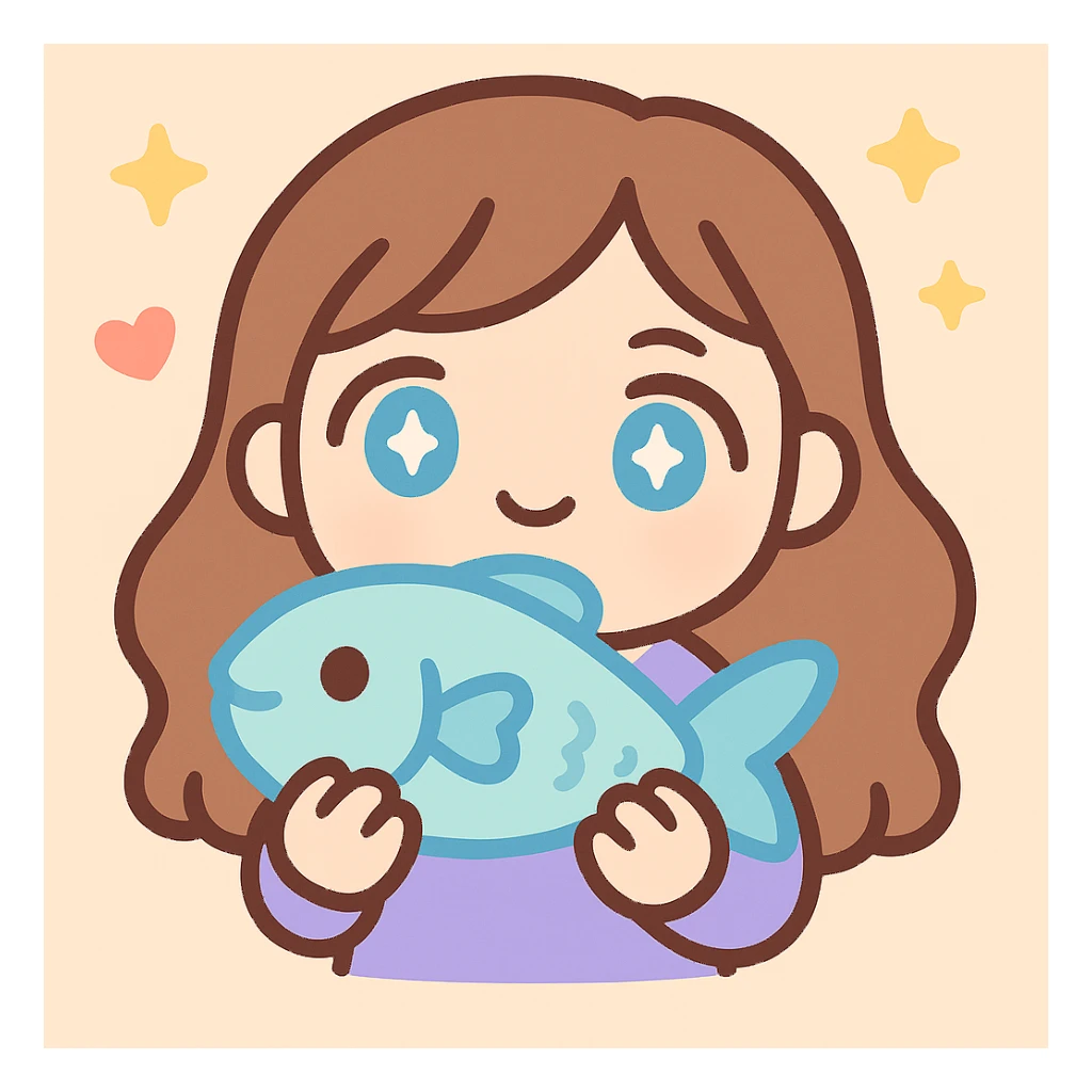 Make the girl more chibi style, give her blue eyes, and make her look slightly older (not too young), keep her holding a fish, digital art, kawaii style, twitch emote. sticker