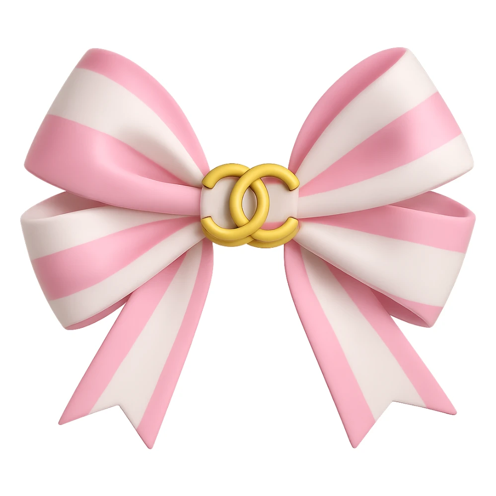 Change the bow to pink and white, keep the gold Chanel logo, shiny, elegant, 3D emoji style. Remove the background. sticker