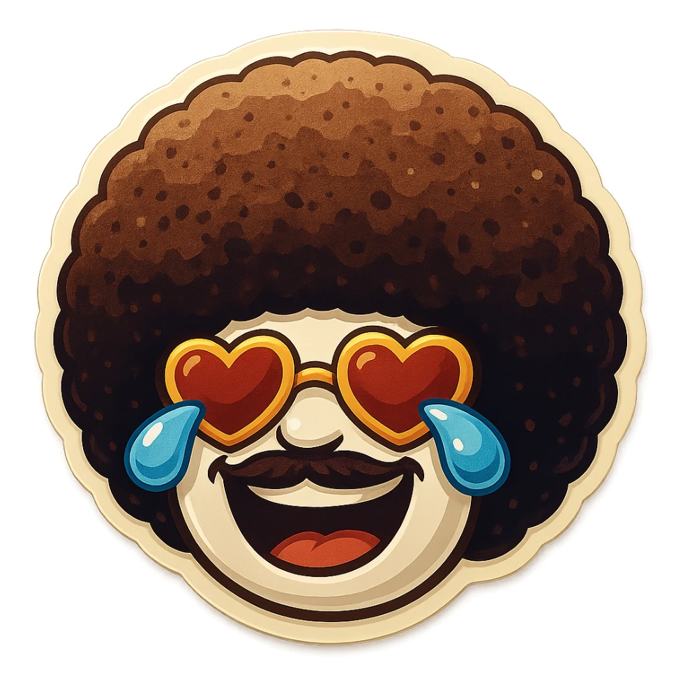 White circle face, afro, heart glasses, laughing with large tears sticker