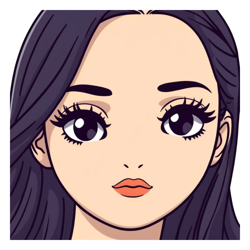 White girl with long oval face, huge round black eyes, big eyelashes, no makeup, natural lips, face closeup, long straight black middle-parted hair sticker