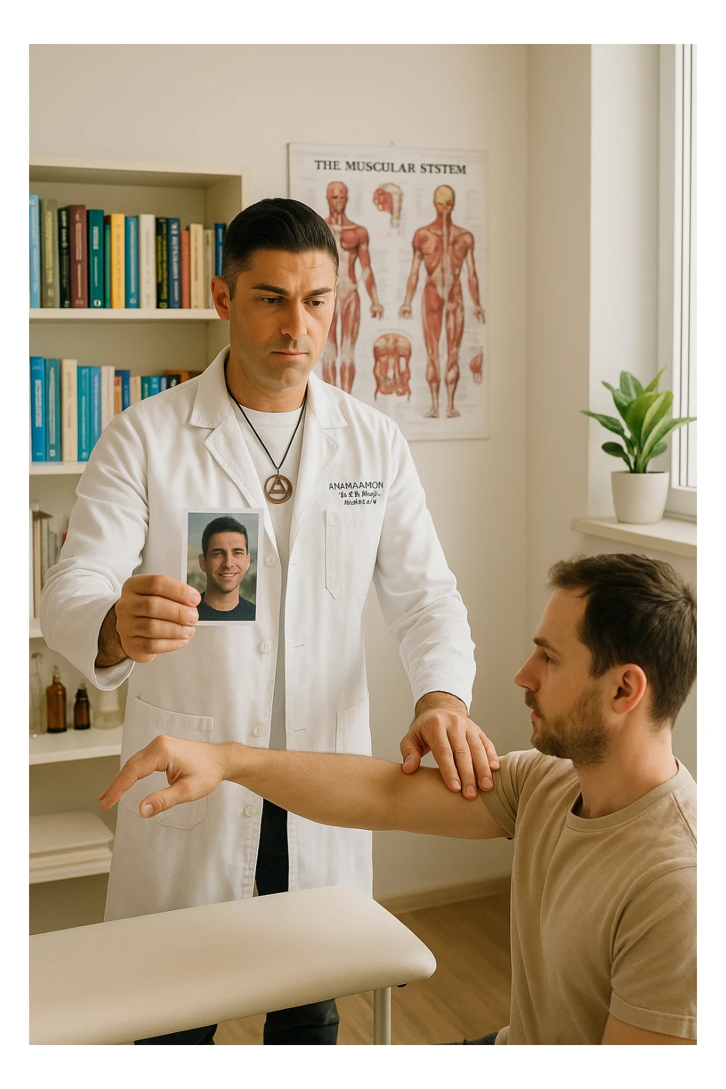 a middle-aged man, dressed in casual professional attire, is in a bright, organized therapy studio. Durante una visita di kinesiologia, il ragazzo tiene con una mano la foto di una persona lontana (il “testimone”) tiene la foto in mano, mentre con l’altra mano esegue un test muscolare su un cliente presente senza foto. Sullo sfondo si vedono libri di kinesiologia, poster anatomici e strumenti tipici della disciplina. L’atmosfera è concentrata e serena, con luce naturale che entra dalla finestra, sottolineando l’aspetto alternativo e umano della pratica. sticker