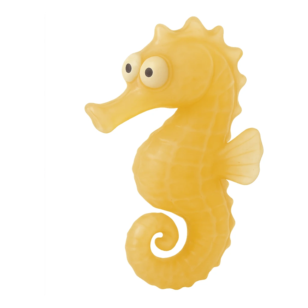 Make the seahorse a natural color (e.g., yellow or orange), more transparent and see-through, retro 90's toy style, derpy eyes, no tag, no background, soft plastic, soft reflections, soft and squishy, some cloudiness, not shiny, highly detailed, appealing. sticker