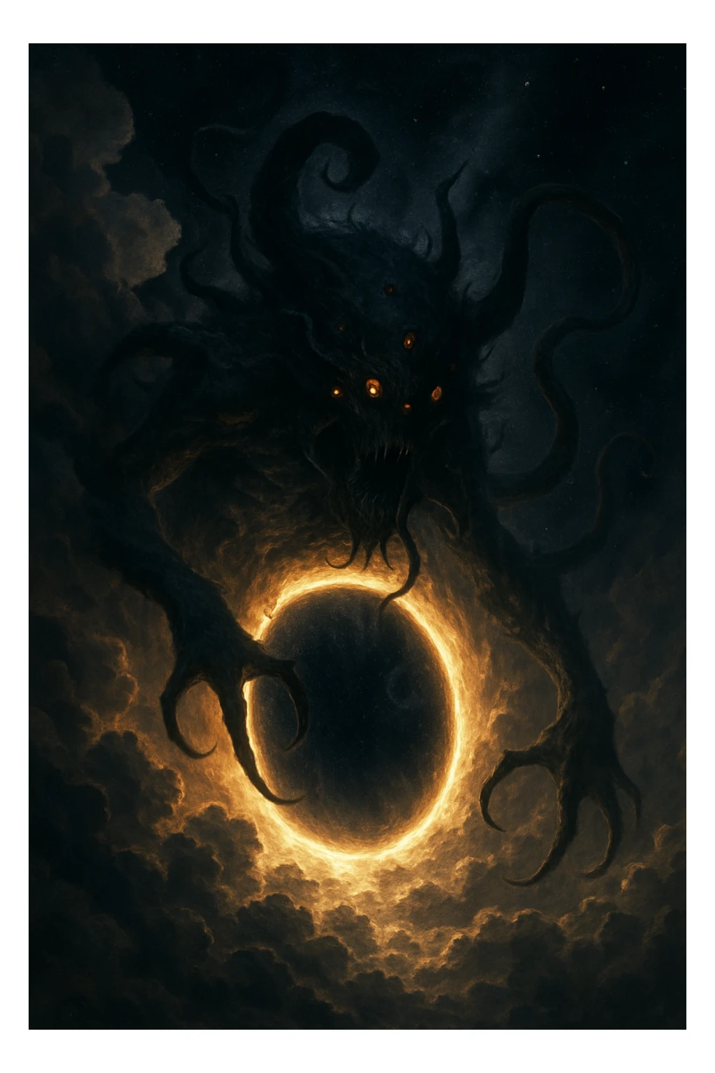 monstrous cosmic being breaking through a glowing portal in the clouds, stars and void visible, surreal and terrifying, detailed art style sticker