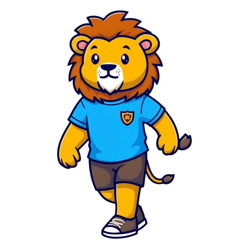 retro 1950s anthropomorphised lion in a t-shirt and shorts walking sticker