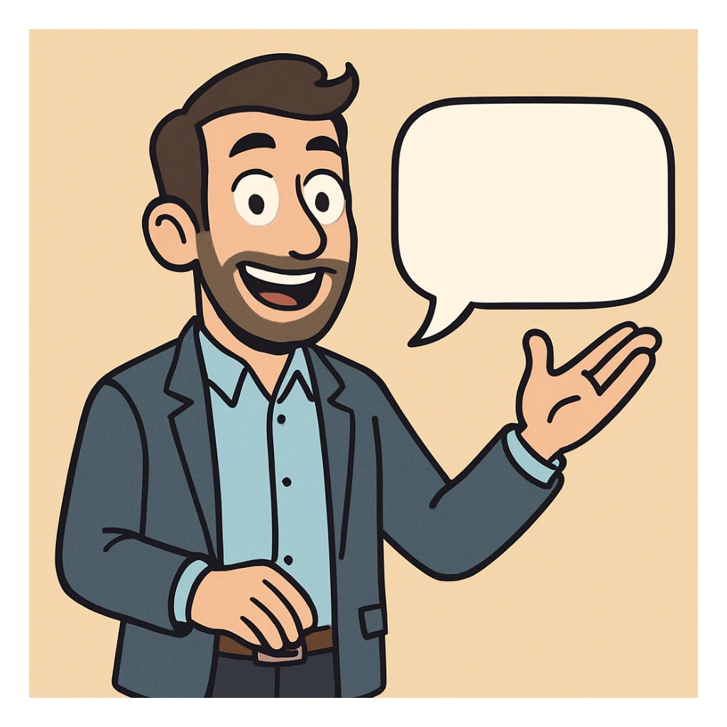 an articulate marketer, cheerful, holding a speech bubble, casual business outfit, friendly, approachable, cartoon style sticker