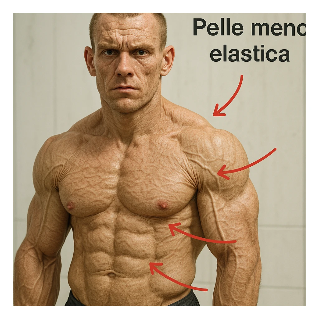 hyper realistic 25 year old bodybuilder with low collagen, aged appearance, evident muscles, skin with grooves and sagging, red arrows and text 'Pelle meno elastica', clinical atmosphere, light background sticker