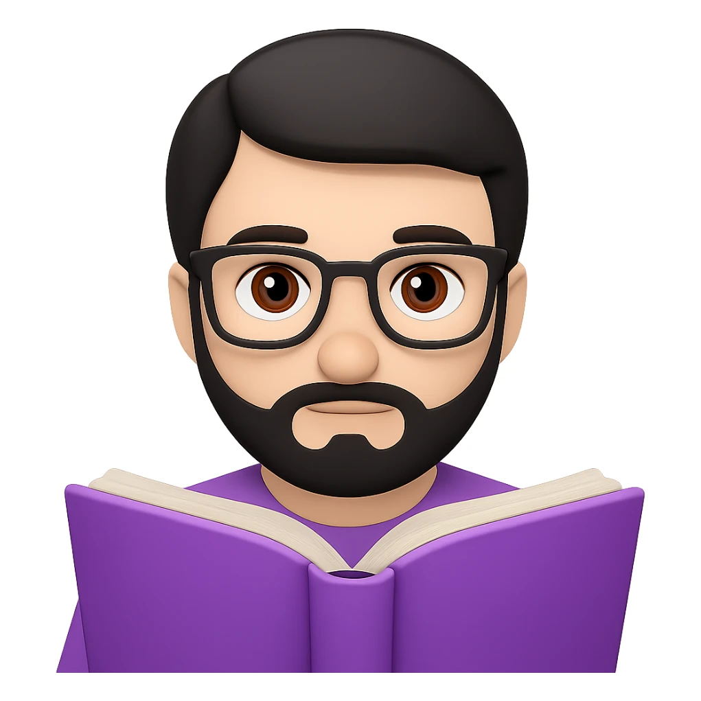 Add glasses to a young white man with black beard, straight hair, and brown eyes reading a lilac book. Maintain the emoji style look with a transparent background. sticker