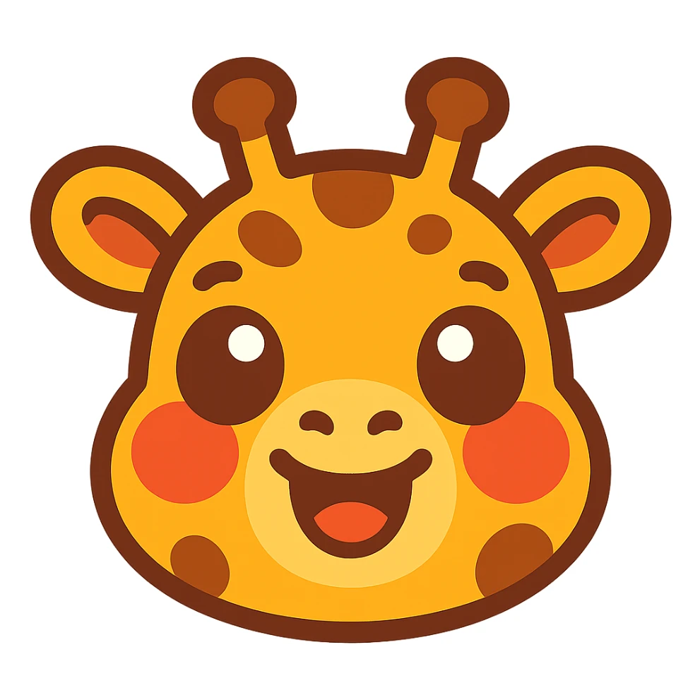 cute, stylized cartoon giraffe head with big, expressive eyes, a friendly smile, and exaggerated blush marks. The design should be simple, round, and optimized for small sizes (Twitch emoji). Use warm yellow and brown colors, with a soft outline. The expression should be happy and welcoming, perfect for a 'hi' or 'yay' emote. Cartoonish, kawaii-inspired style sticker