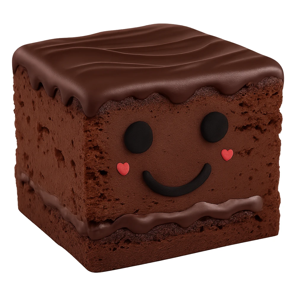 Make the chocolate sauce on top a bit darker. Keep the brownie short and rectangular, with the black smiley face and both black eyes, and maintain the transparent background. The style should resemble the original image's look and feel. sticker
