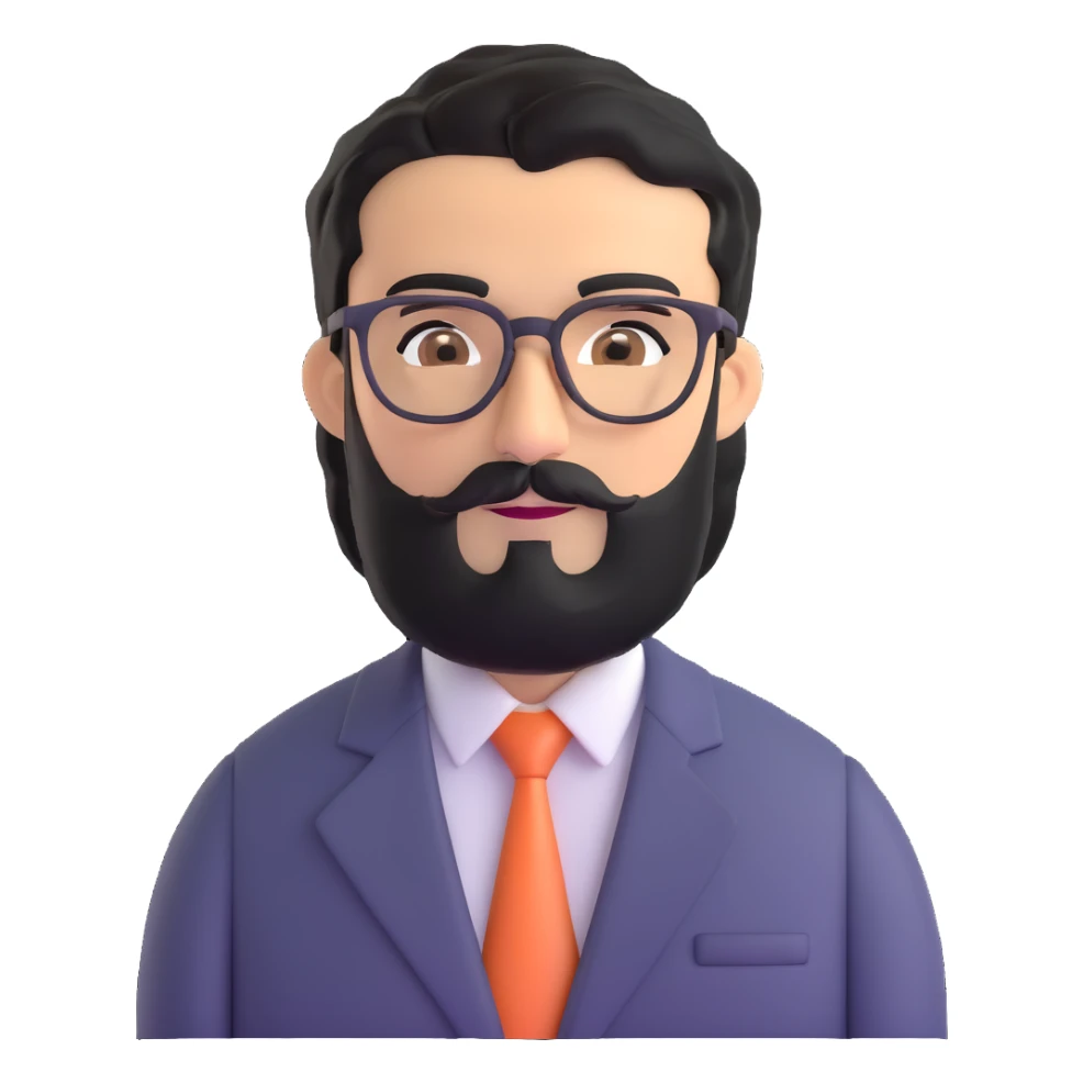 man with medium black beard, black hair, connected unibrow, olive tan skin, brown eyes, glasses, prominent long nose, wearing a professional business suit sticker