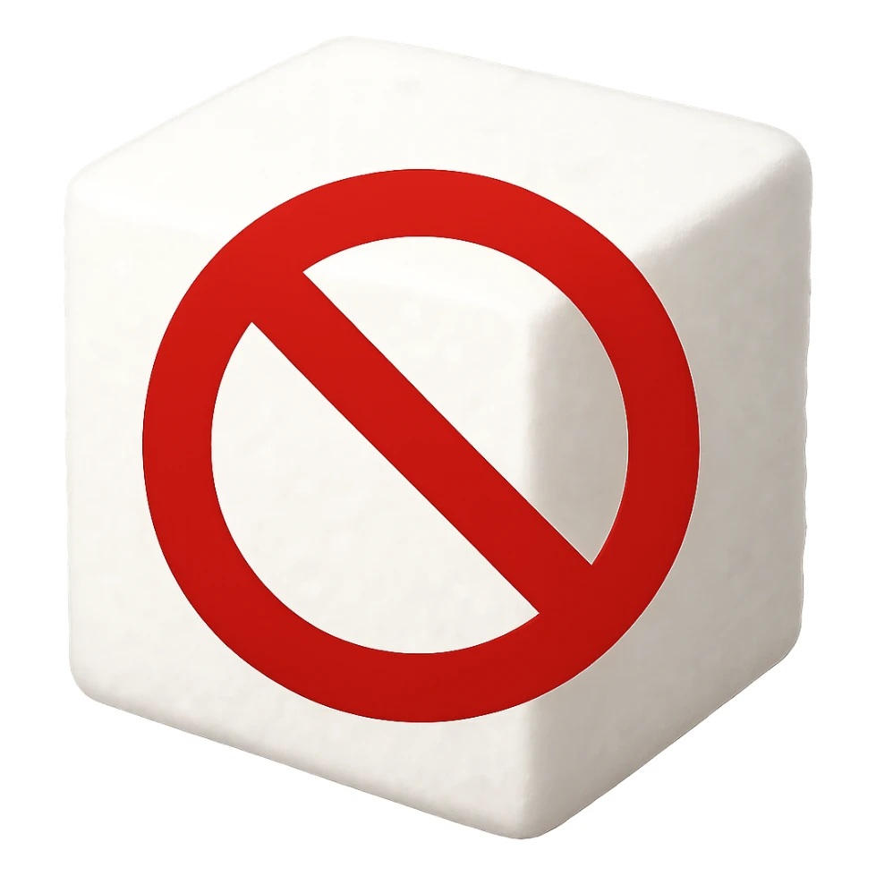 A sugar cube with a red prohibition sign over it, indicating sugar-free, in a simple and clear emoji style. The prohibition sign should be similar to the one used in 18+ emojis. sticker