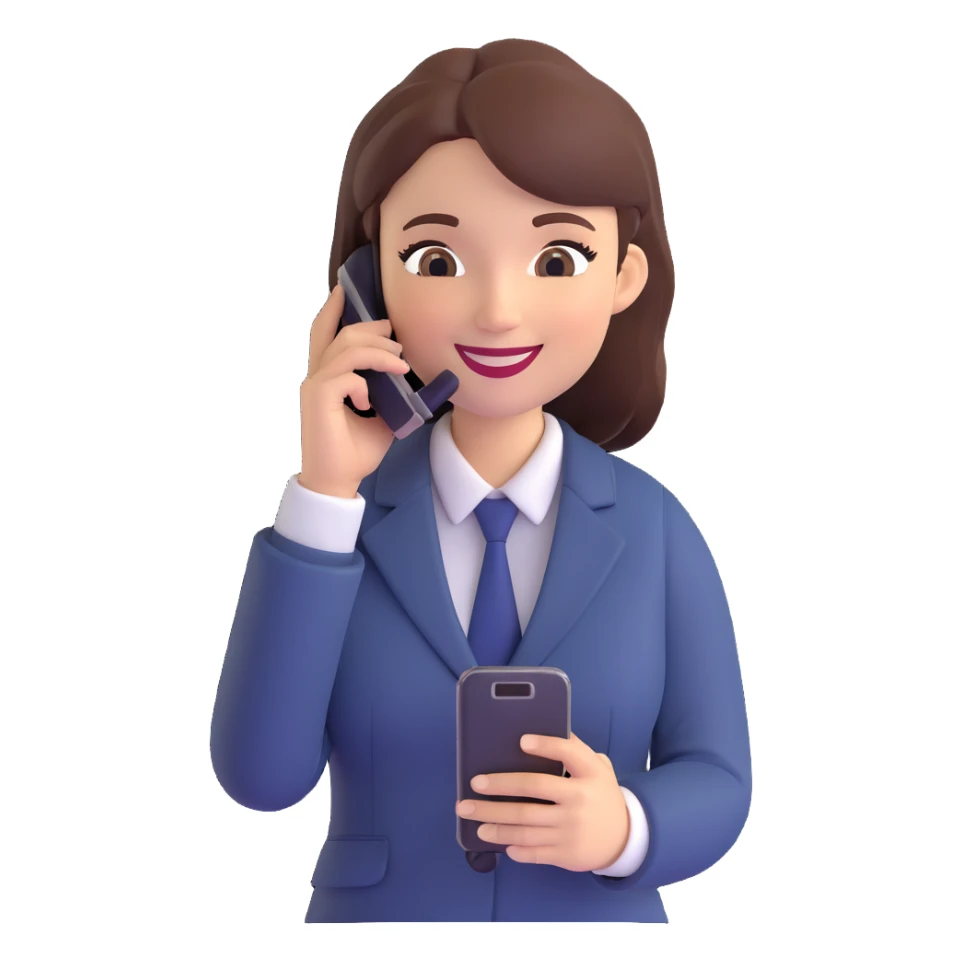 3D illustration, female office worker standing, smiling, using a mobile phone, positive and professional sticker