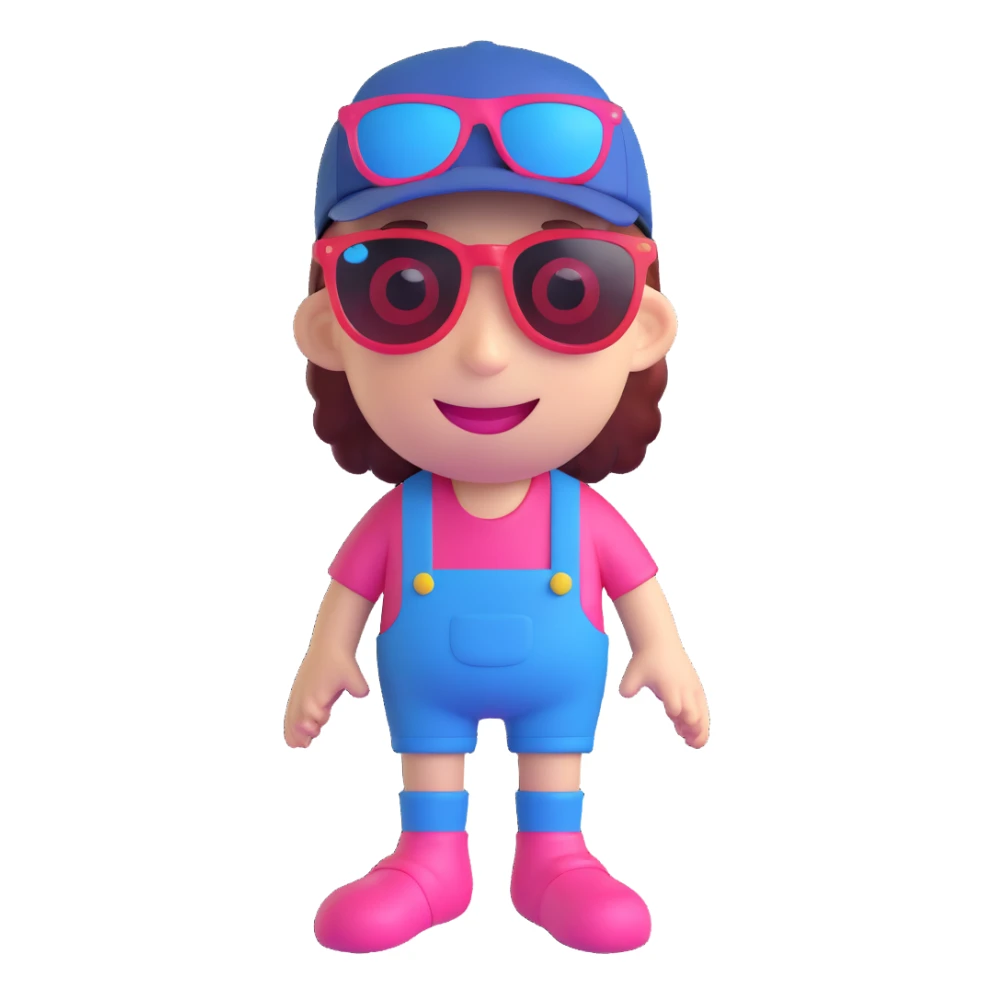 character with red and white coloring, pink eyes, blue sunglasses, smiling face, red socks, black and yellow hat sticker
