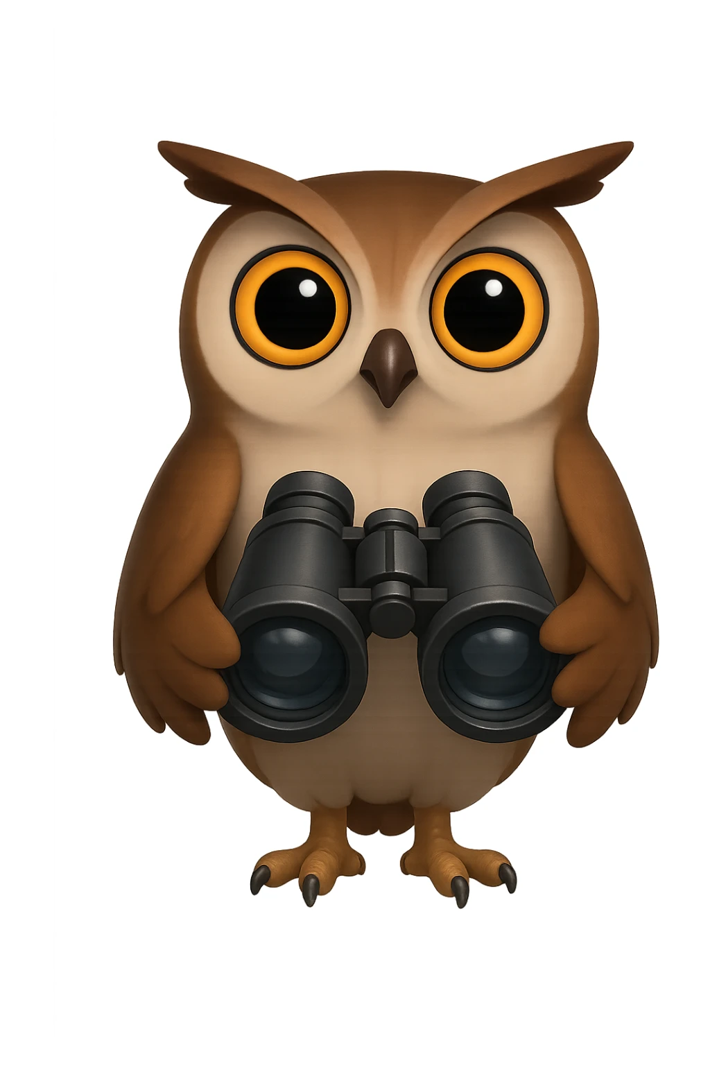 Сова держит в крыльях бинокль и смотрит прямо на зрителя, прозрачный фон sticker