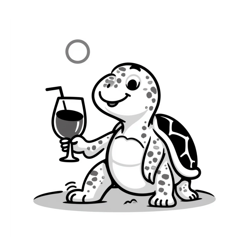 turtle sitting on the beach and drinking aperol spritz, hand drawn doodle style sticker