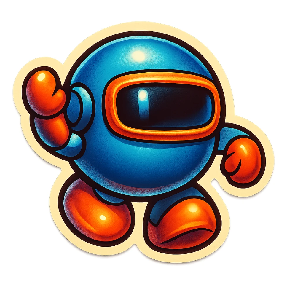 Render this spherical robot in retro stickers style, with bold outlines and vibrant colors, emphasizing a playful and nostalgic look typical of retro stickers. sticker