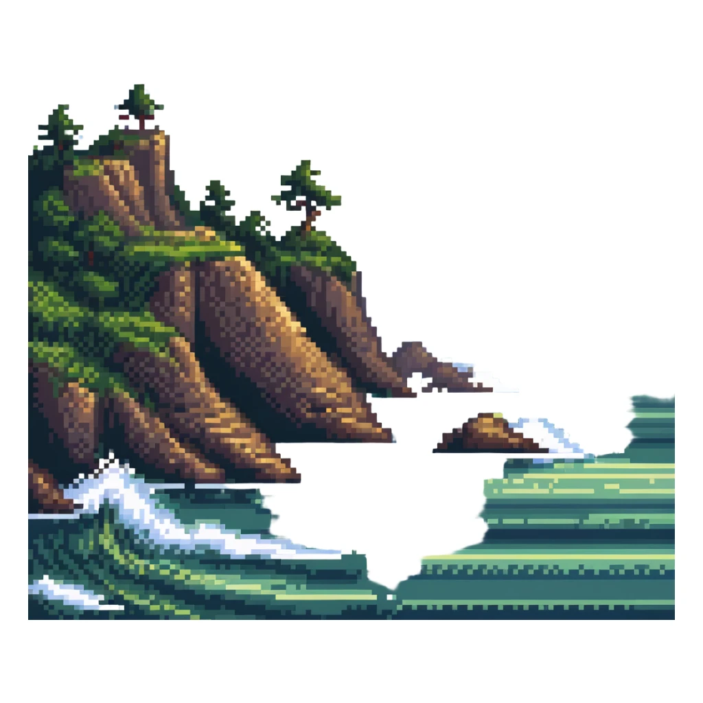 scenic coastline with waves and cliffs in pixel art style sticker