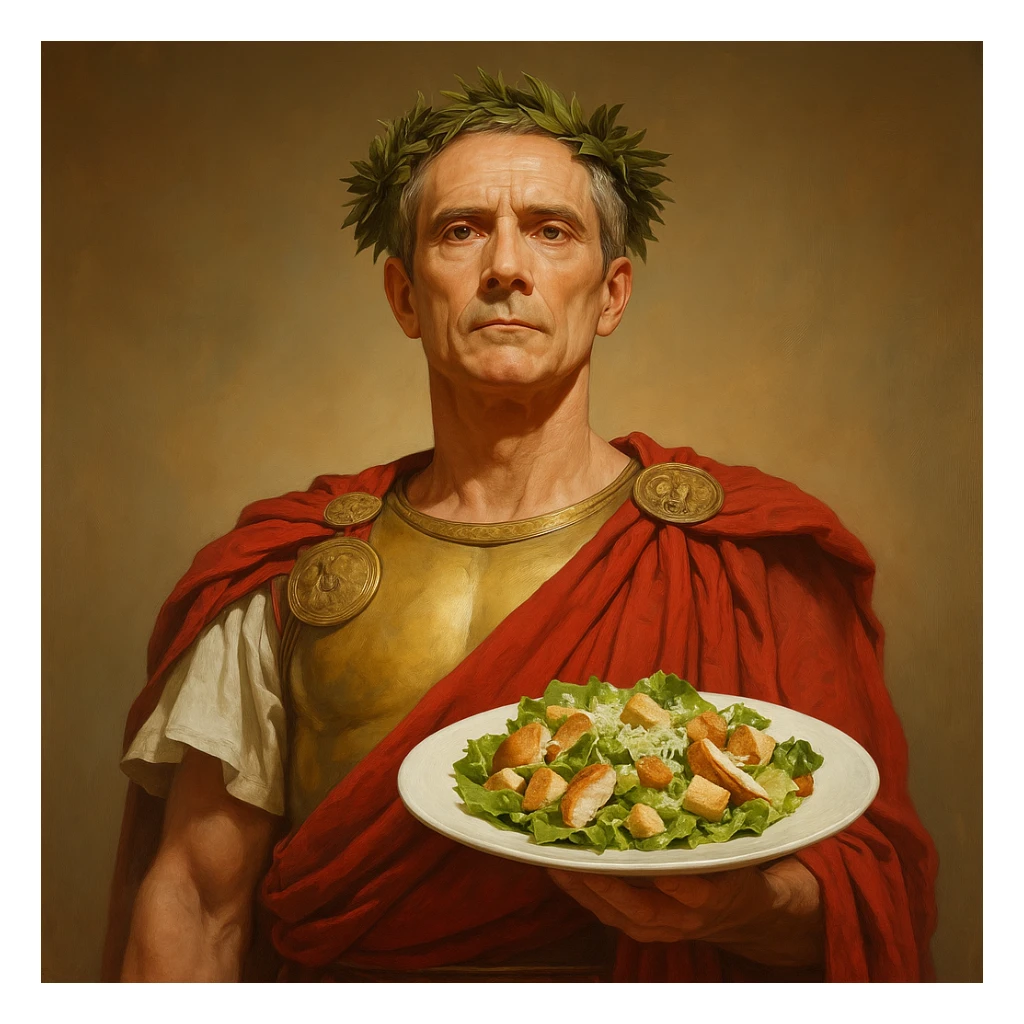 Сгенерируй мне этого цезаря, который стоит с тарелкой а на ней салат цезарь, пусть он держит тарелку одной рукой как официант sticker