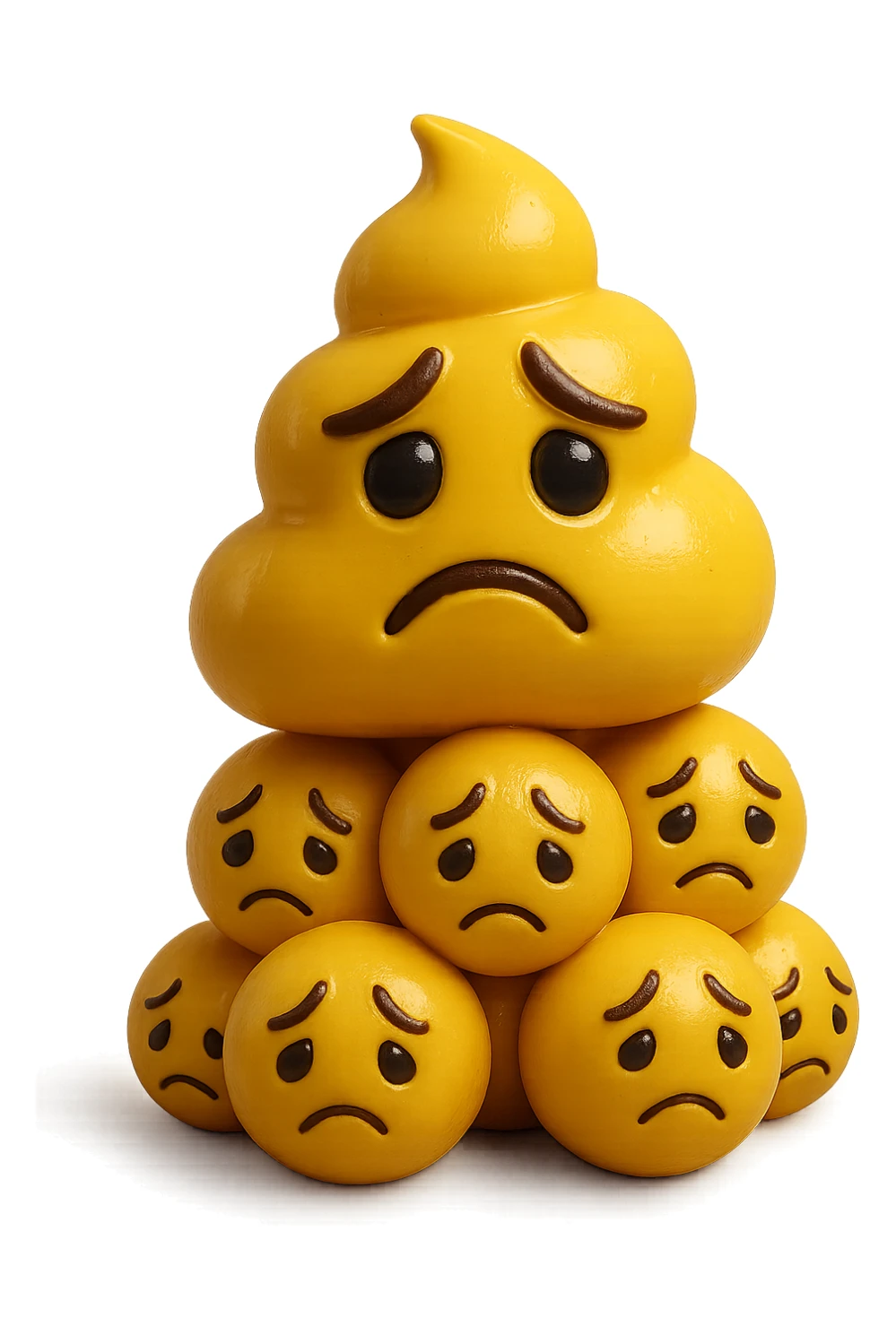 emoji stile iphone di una cacca giallina e liquida con espressione triste, sopra una montagnetta di feci a palline con espressione triste, iperrealistico 4k sticker